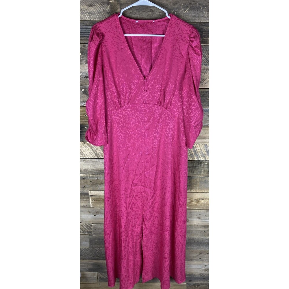 Womens Sz L Pink Long 3/4 Sleeve Polyester Blend V-Neck Dress